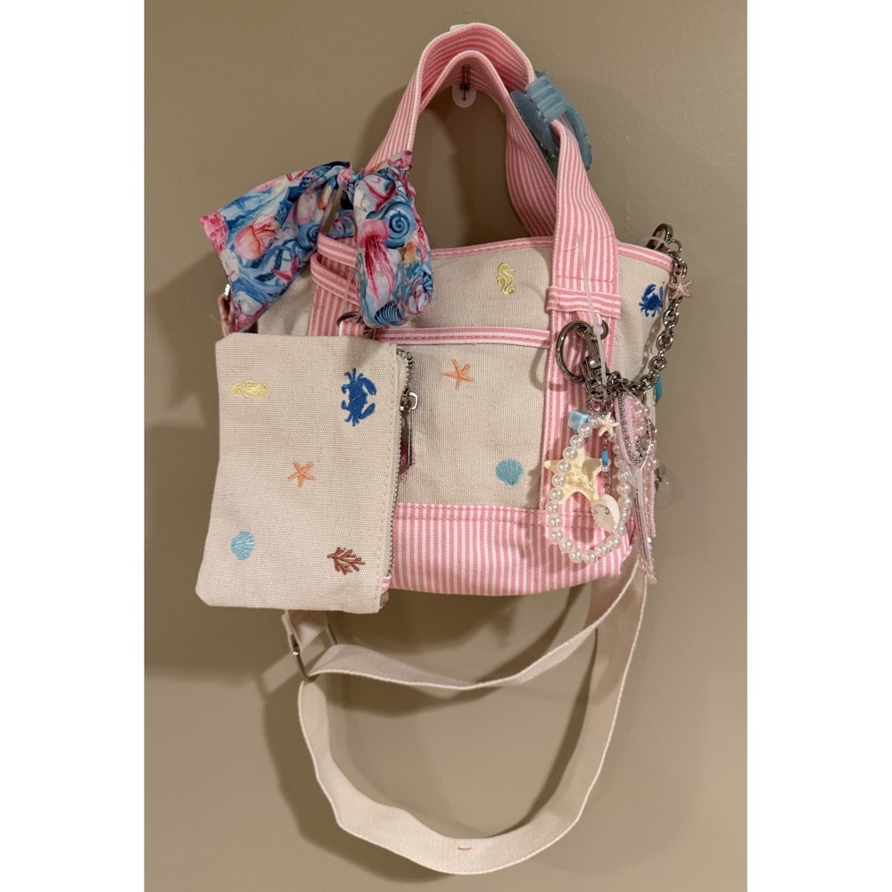Madden Girl Canvas Mini Tote Crossbody Pink Stripe Seashell Beach‎ Bag NWT